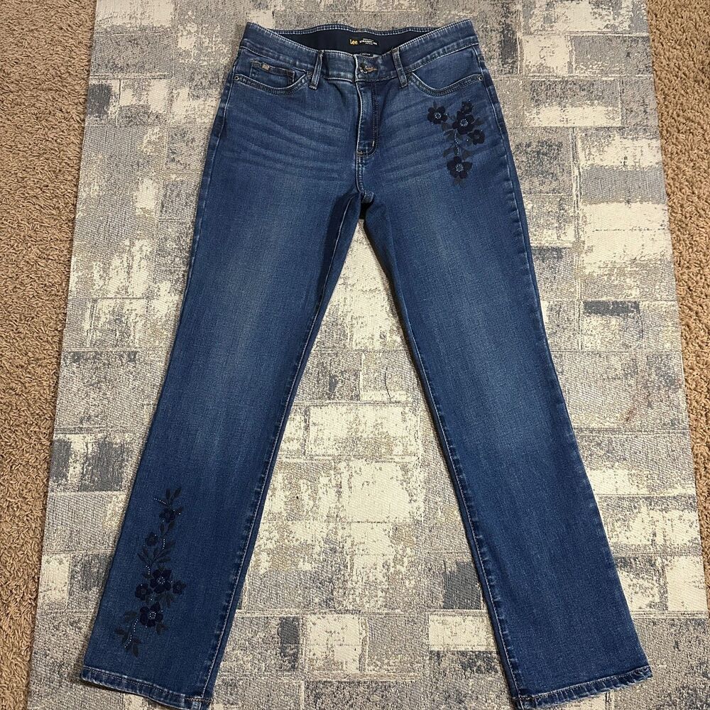 Lee Jeans Womens 10 Blue Flex Motion Regular Fit Straight Mid Rise Embellished - Picture 2 of 13